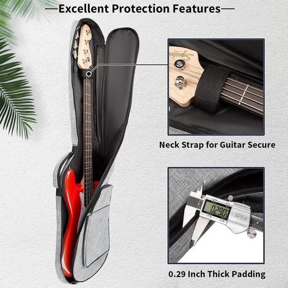 MUZTOP Electric Bass Guitar Bag – 7MM Padded Gig Case with Pockets, Grey, New - Picture 4 of 9